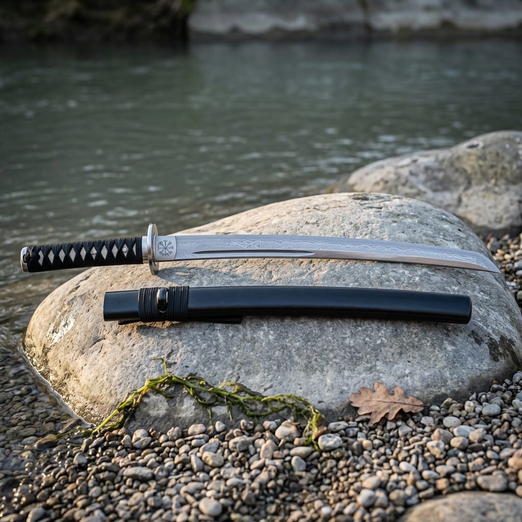 Gemini_Generated_Image_yueexgyueexgyuee Hand forged wakizashi with a black cord wrapped grip resting on a smooth river boulder beside running water, its black lacquered saya lying alongside the blade