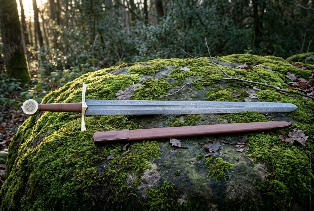 Gemini_Generated_Image_z9u6f1z9u6f1z9u6 Hand forged Damascus sword with scabbard, broad forge welded blade and carved bone Vegvisir pommel, laid across a moss covered woodland boulder at golden hour.