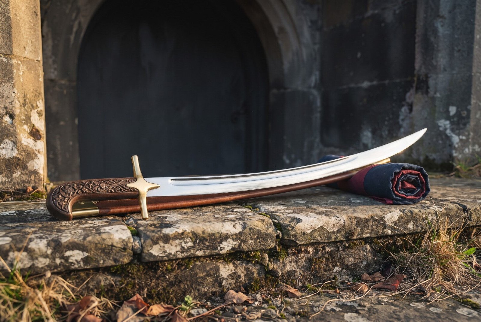 Ancient Persian sword pattern hand forged as a shamshir with a deeply curved polished blade and carved vine scroll grip Ancient Persian sword pattern hand forged as a shamshir with a deeply curved polished blade and carved vine scroll grip on a stone ledge before an arched doorway
