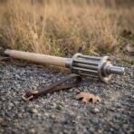 Angled view of a steel bar mace head with round bars between two discs on a pale ash haft, wrist strap with brass buckle