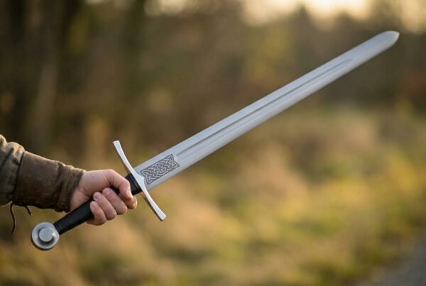 Arming sword with a fullered steel blade, knotwork panel and black grip held out at arm's length over a sunlit field