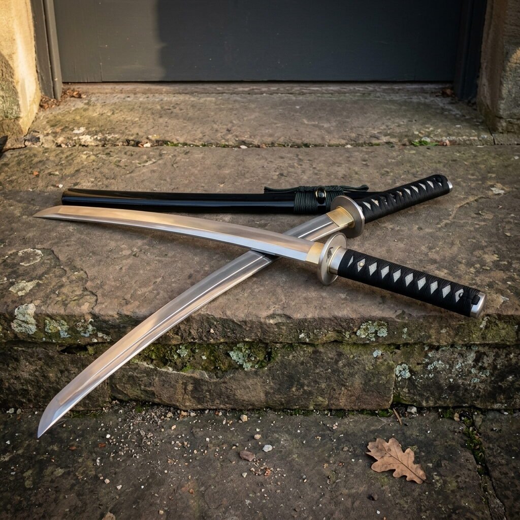 Battle ready hand forged katana crossed over its black lacquered saya on a weathered stone step, black cord grip and brass toned tsuba lit from the side