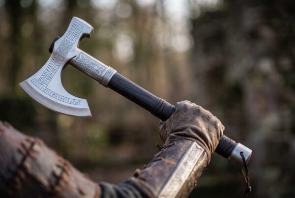 Bearded axe with rune engraved head and dark wrapped haft held in a gloved hand in a forest, lanyard hanging from the butt