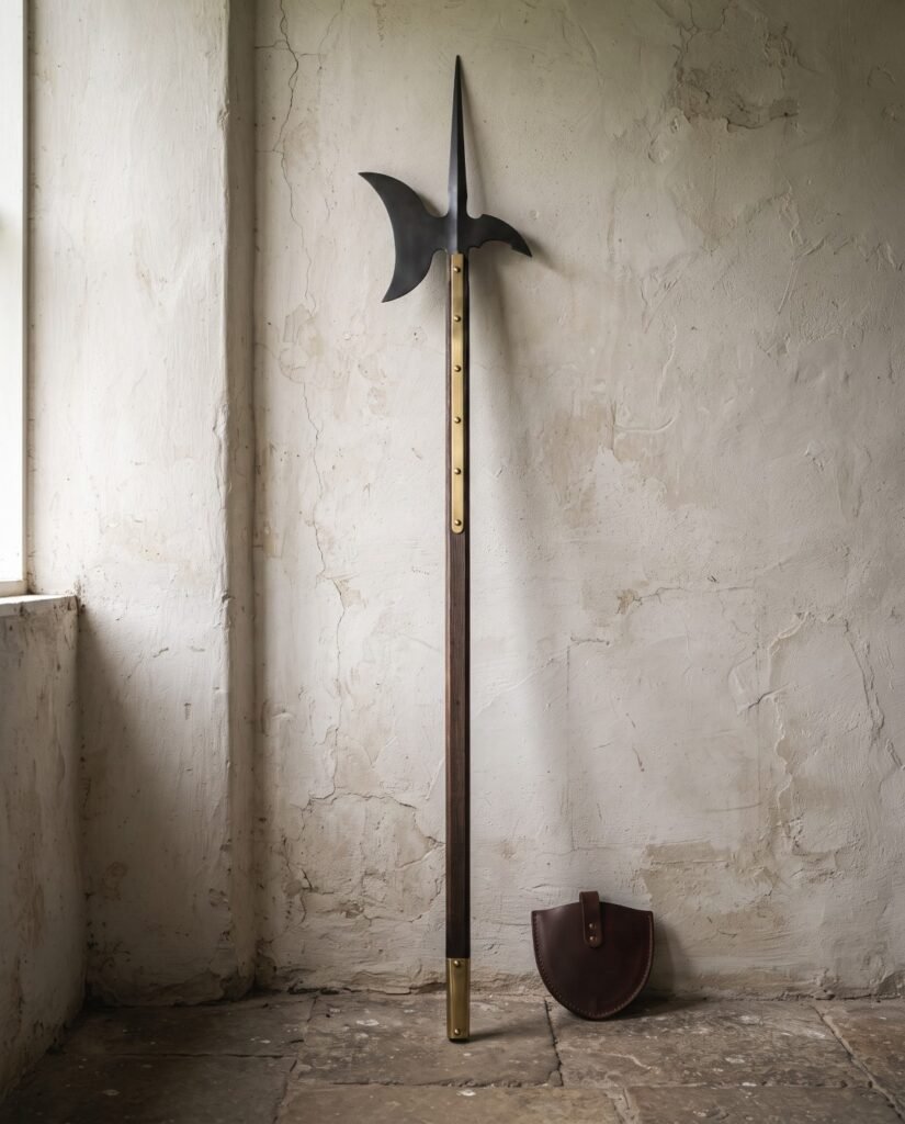 Blackened halberd polearm with an axial spike and crescent blade on a walnut haft with brass langets standing against a pale cracked plaster wall