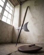 Blackened steel halberd head with crescent blade and spike leaning against a whitewashed wall above its leather head cover