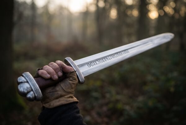 Broadsword with a rune engraved high carbon steel blade held up in a gloved hand, lobed pommel and knurled guard in low sunlight