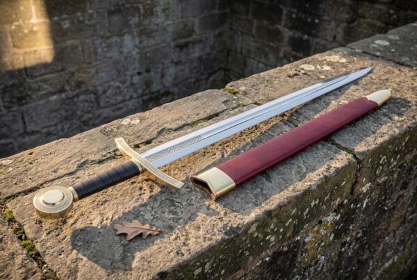 Camelot sword replica with an ornate gilt brass hilt, disc pommel and maroon leather scabbard resting on a weathered drystone wall in daylight