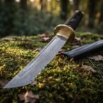Close up of a straight Damascus ninjato blade with brass tsuba and black saya resting on green moss