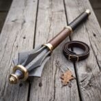 Close up of the Damascus flanged mace head with brass collars beside a coiled leather wrist strap on planks