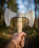 Close view of a double headed axe head with etched Norse knotwork on both bits above a light ash haft and brass collar