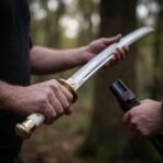 Curved high carbon steel wakizashi with polished bone handle and brass tsuba held in both hands in a shaded forest