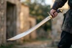 Curved steel scimitar held point down by its black grip and brass cross guard in an old stone courtyard