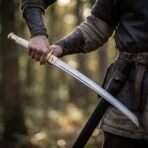 Curved steel wakizashi with bone handle and brass pommel cap drawn from a black lacquered saya worn at the hip