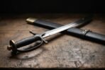 Curved talwar sword with a black grip, disc pommel and knuckle guard on a scarred table beside a black leather scabbard
