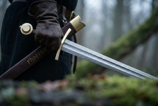 Damascus arming sword drawn from its runed brown leather scabbard by a gloved hand, brass disc pommel and guard, mossy woodland behind