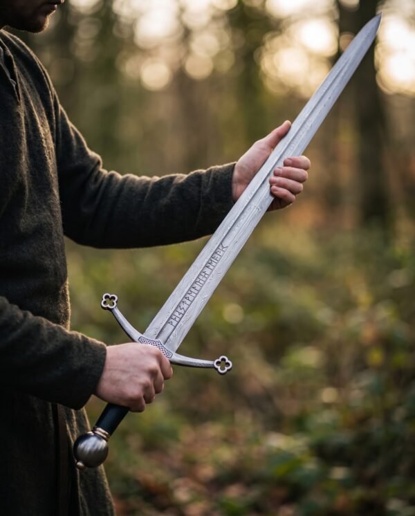 Damascus arming sword with runes along the blade held in two hands by a man in a green coat, quatrefoil guard and steel pommel in view
