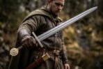 Damascus arming sword with brass cross guard and brass disc pommel held out by a man in a hooded cloak
