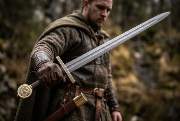Damascus arming sword with brass cross guard and brass disc pommel held out by a man in a hooded cloak