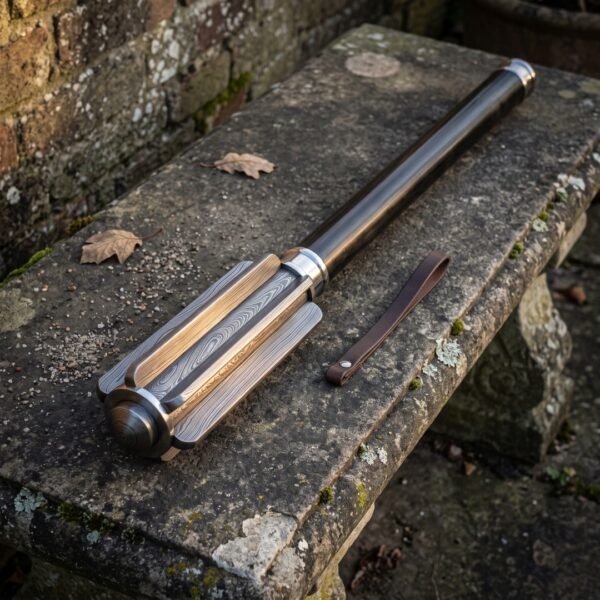 Damascus bar mace with a deeply fluted forge welded head and blackened steel haft resting on a weathered stone garden bench with fallen leaves
