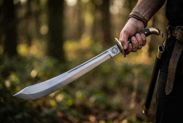 Damascus falchion sword with dark wood grip and brass hilt held point down in a sunlit forest