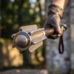Damascus flanged mace head seen end on with its turned cap and six ribs, held in a gloved hand against green trees