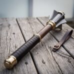 Damascus flanged mace with brass collars, wooden haft, leather wrapped grip and brass butt cap on grey planks