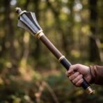 Damascus flanged mace with wooden haft and leather wrapped grip held upright in one hand in a forest
