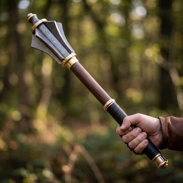 Damascus flanged mace with wooden haft and leather wrapped grip held upright in one hand in a forest