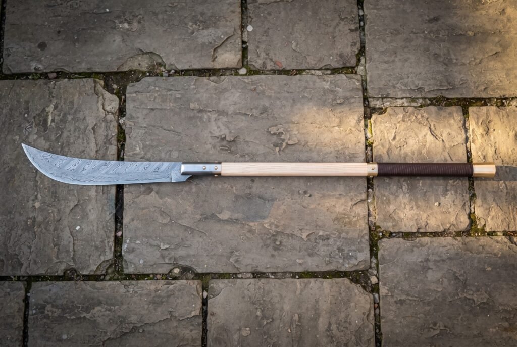 Damascus glaive with a ladder patterned forge welded blade and pale ash haft with a leather wrapped grip lying on grey cobbled flagstones
