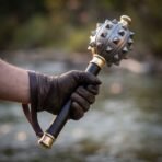 Damascus morning star mace held upright in a gloved hand by its dark haft with brass butt cap, river behind