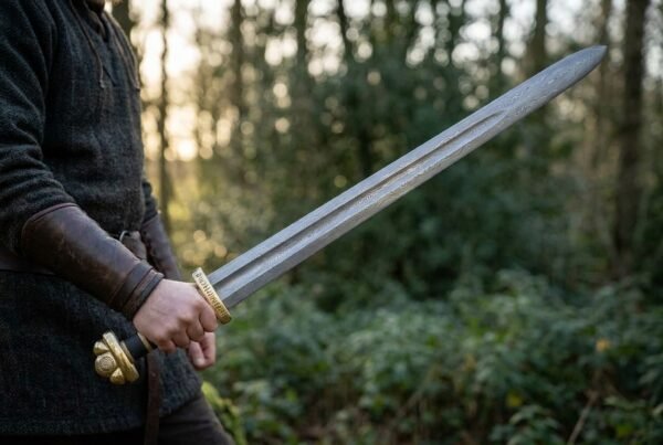 Damascus Norse sword with black grip and brass fittings held out at arm length in a sunlit forest