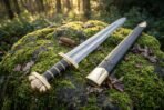 Damascus Norse sword with rune engraved brass guard and lobed pommel beside its black scabbard on a mossy rock