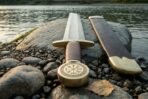 Damascus short sword with brass rune guard and Vegvisir disc pommel beside its brown leather scabbard on river stones