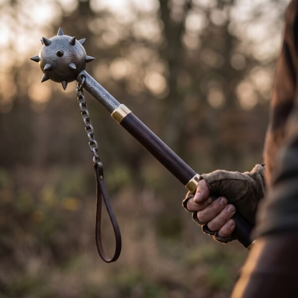 Damascus spiked ball flail held by its wooden haft in a gloved hand, chain and wrist strap hanging below in the woods