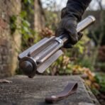 Damascus steel bar mace raised in a gloved hand in a garden, showing the six fluted flanges and domed end cap