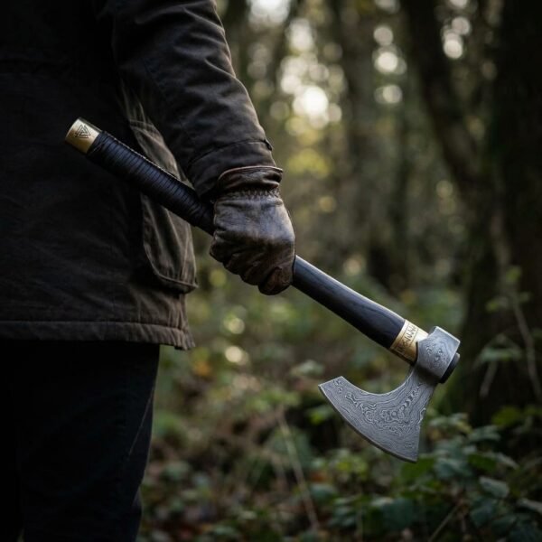 Damascus steel bearded axe with a black leather wrapped haft and brass cap, held blade down in a gloved hand in woodland