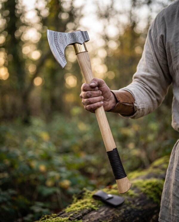 Damascus steel bearded axe with pale ash haft and leather wrapped grip held at arm's length in sunlit woodland
