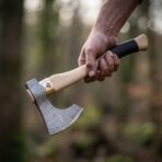 Damascus steel bearded axe with a pale wood haft and dark leather grip wrap held in one hand in a misty forest