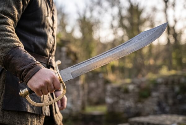Damascus steel cutlass held at the side in one hand by a man in a wool coat among old stone ruins