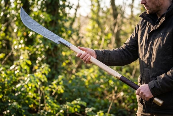 Damascus steel glaive held in both hands by a man in a dark jacket in front of sunlit green hedges