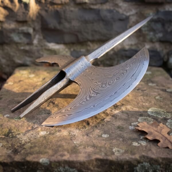 Damascus steel halberd head with crescent axe blade, top spike and twin langet straps resting on a sandstone slab