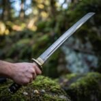 Damascus steel katana with fullered blade and brass tsuba held up in a hand in a mossy forest clearing
