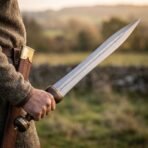 Damascus steel Mainz gladius with ribbed wooden grip raised in one hand above a tooled leather scabbard against autumn fields