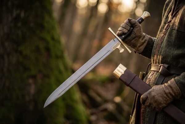 Damascus steel messer with brass crossguard and dark wooden grip held blade out in front of a mossy tree