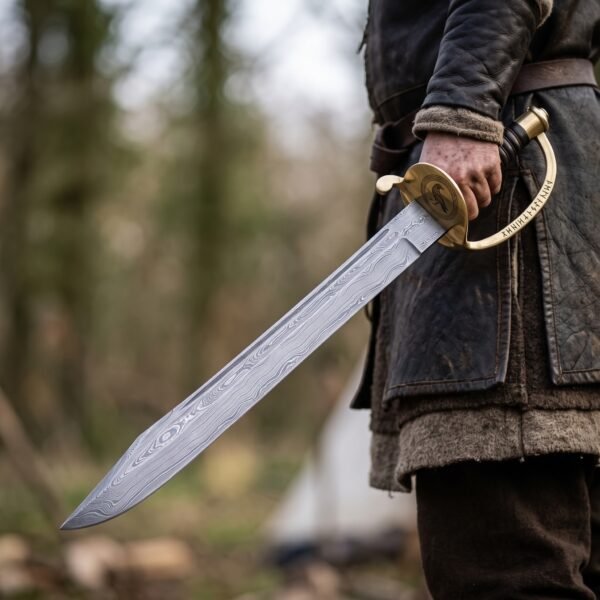 Damascus steel pirate cutlass held point down at the side by a man in a dark leather coat in a misty woodland camp