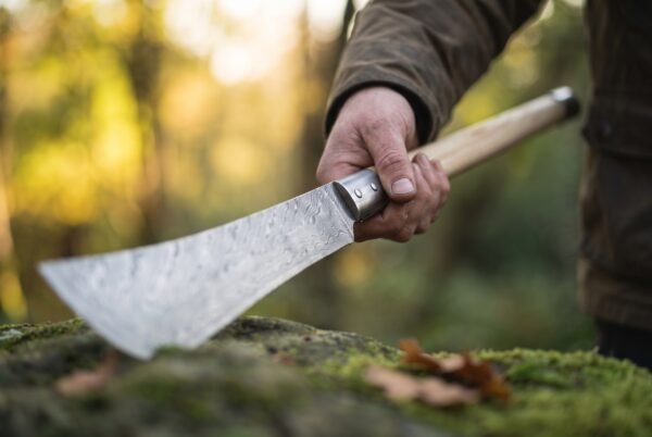 Damascus steel polearm blade with a broad curved edge and steel socket collar, held by its pale wooden haft in one hand outdoors