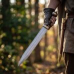 Damascus steel Roman gladius with ribbed wooden grip and brass collar held point down beside a leather scabbard in a sunlit forest
