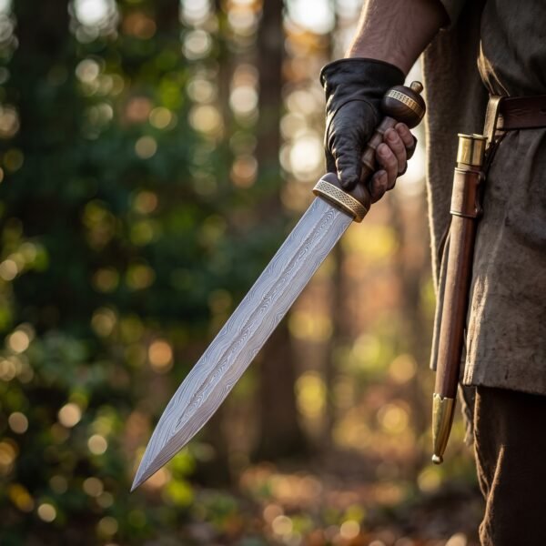 Damascus steel Roman gladius with ribbed wooden grip and brass collar held point down beside a leather scabbard in a sunlit forest