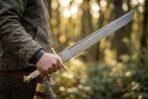 Damascus steel seax with long fuller and brass guard held in hand against a sunlit forest background