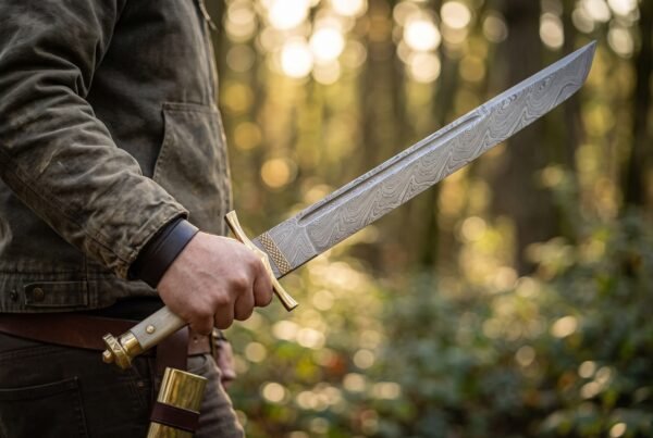 Damascus steel seax with long fuller and brass guard held in hand against a sunlit forest background